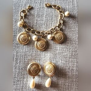 Vintage Liz Claiborne Statement Earrings, Faux Pearls, Matte Gold Button Logo